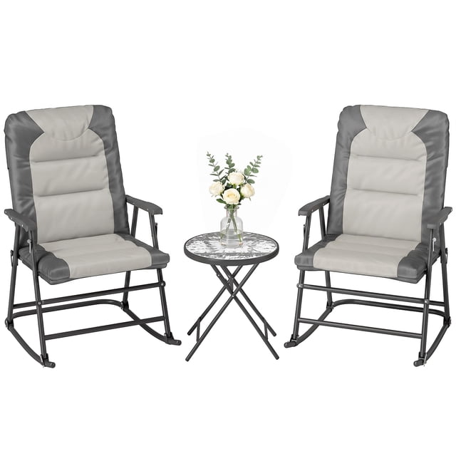 Outsunny 3pc Patio Foldable Rocking Chair Set, Light Grey