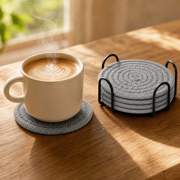 Weloille Cotton Gauze Woven Round Cup Mat Coaster Set 4 Pcs with Storage Rack Heat Insulation Pad Kitchen Dining Table Protector Home Decor Accent