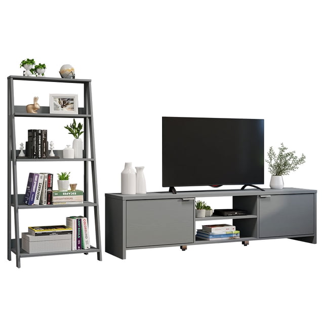 Madesa 2-Piece TV Stand and Ladder Shelf Set: 70" Entertainment Center with Cable Management + 24" 5-Tier Ladder Shelf for Storage, Office, Living Room, and Bedroom – Gray