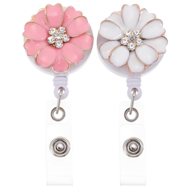 2Pcs Flower Rhinestone Badge Clip Retractable Badge Holder ID Name Badge Holders