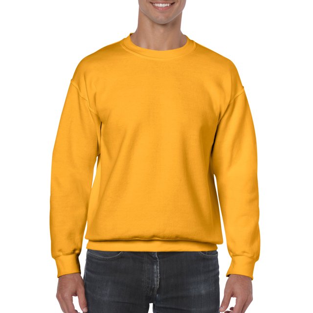 Gildan Mens Heavy Blend Crewneck Sweatshirt in 2XL size and gold color. Made from a 50% cotton and 50% polyester blend with pill-resistant air jet yarn. Features double-needle stitching, set-in sleeves, and a 1x1 ribbed collar, cuffs, and waistband with spandex for added comfort and durability.