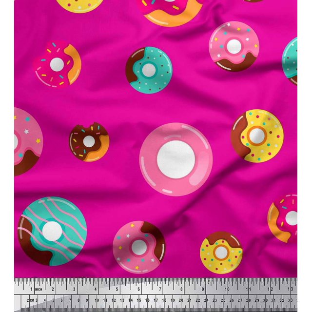 Soimoi Pink Moss Georgette Fabric Donuts Food Print Sewing Fabric Yard 42 Inch Wide