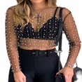 thumbnail image 1 of Women‘s Summer Sheer Mesh Tops Long Sleeve  Neck Rhinestone Slim Fit Crop Tops, 1 of 7
