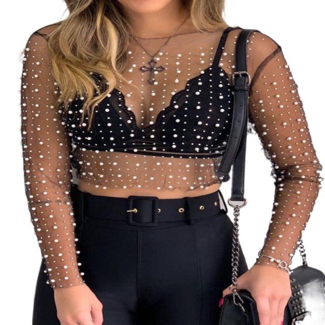 Women‘s Summer Sheer Mesh Tops Long Sleeve Neck Rhinestone Slim Fit Crop Tops