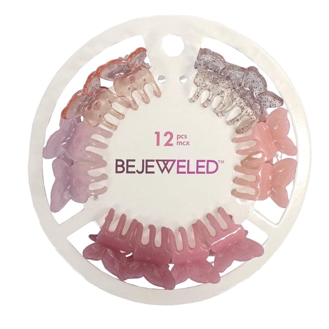 Bejewled 12 PCS CLIPS set with 12 butterfly-shaped translucent hair clips in pink, purple, and glitter tones arranged on a circular white card featuring the Bejeweled logo, designed for children's hair styling and hair care accessories.