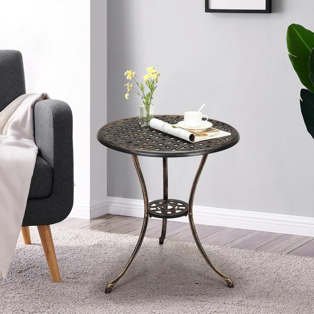 Round Cast Aluminum Bistro Table 23.6in Patio Table with Umbrella Hole Rust-Proof and UV-Resistant