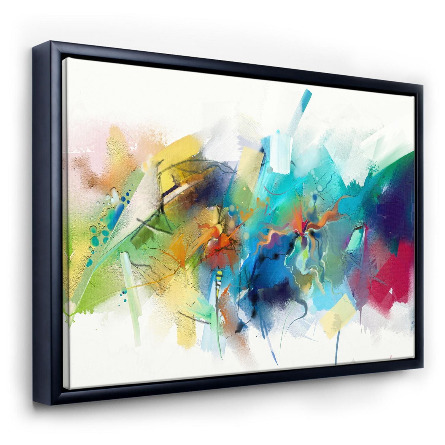 Designart Turquoise Story With Touches Of Yellow And Red FLOAT FRAME WALL ART