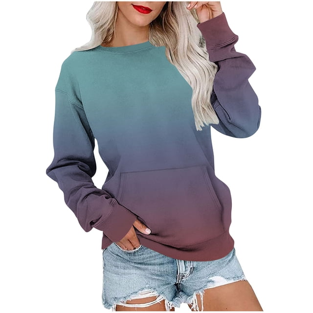Lmnyox Chandails à Col Rond pour Femmes, Mode Décontractée, Imprimé, Manches Longues, Chandails à Enfiler avec Poche, Chemises Basiques Amples