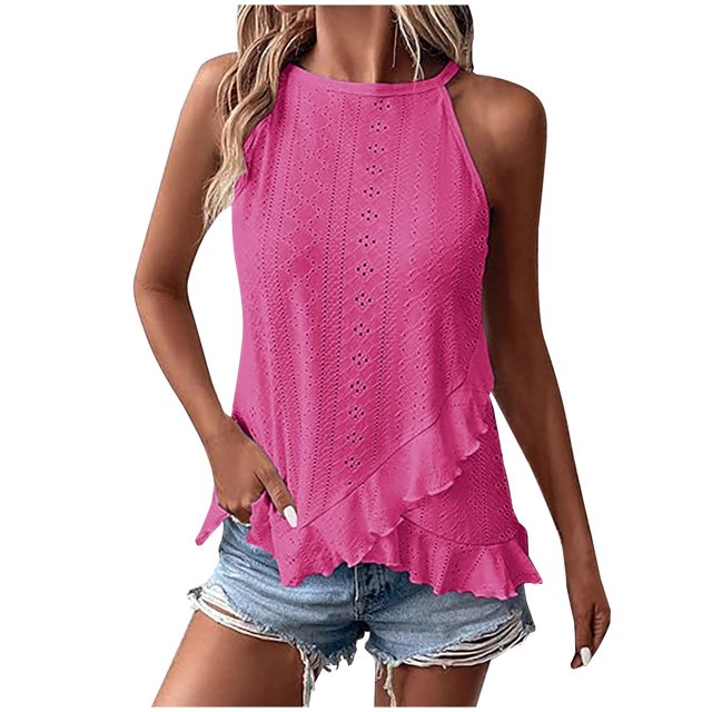 VEKDONE Halter Tops for Womens Summer Sleeveless Hollow Out Ruffled Tank Tops Solid Color Loose Breathable Lounge Vests Hot Pink Small