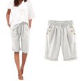 thumbnail image 2 of TrendOFT Summer Shorts For Women Casual Solid Color Linen Drawstring High Waist Lightweight Elastic Plus Size With Button Pockets Comfort Style Lounge Shorts Women Athletic Shorts White XXXXL, 2 of 5