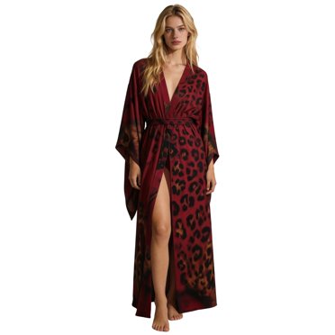 FSAGAE Regular Long Belted Kimono Robe, Print Swimsuit Cover Up, Boho Cardigan Sleepwear, Summer Beach Vacation Outfits Essentials Loungewear, Soft Spandex, XS-4XL for Choose (Women's & Women's Plus)