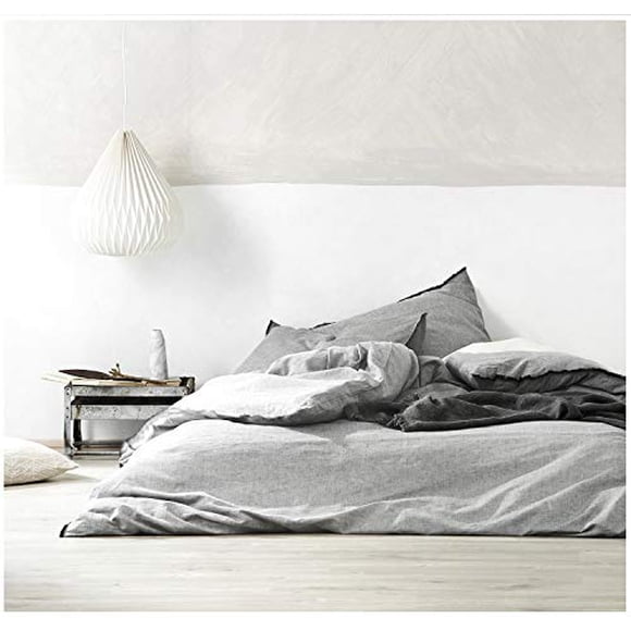 Eikei Washed Cotton Chambray Duvet Cover Solid Color Casual Modern Style Bedding Set Relaxed Soft Feel Natural Wrinkled Look (King, Grey)