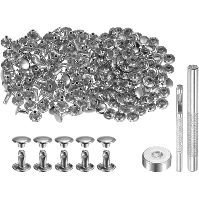200 Sets Leather Rivets 8 x 8mm Metal Double Cap Rivet Snaps Studs Fasteners with 3pcs Setting Tools Rivets for Leather Craft DIY Repair Decoration, Silver Tone