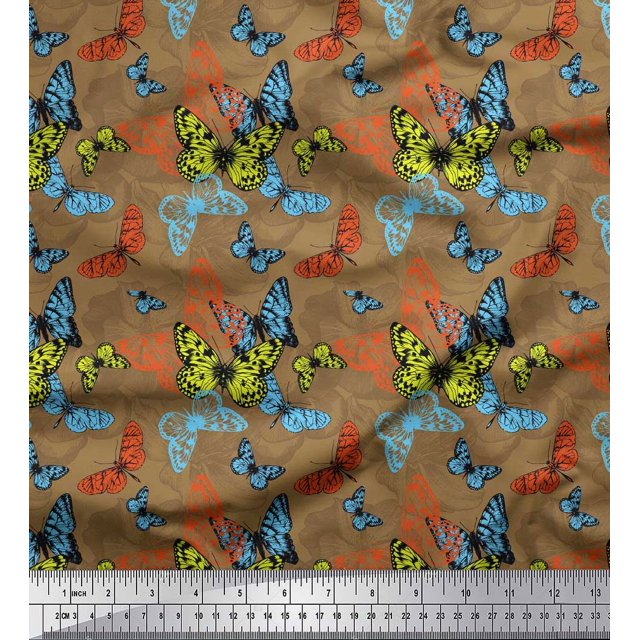 Soimoi Brown Poly Georgette Fabric Colorful Butterfly Printed Fabric 1 Yard 52 Inch Wide