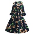 thumbnail image 1 of Pompotops Ladies O-Neck Sleeve Long Sleeve Flower Print Big Swing Lace Dress, 1 of 4