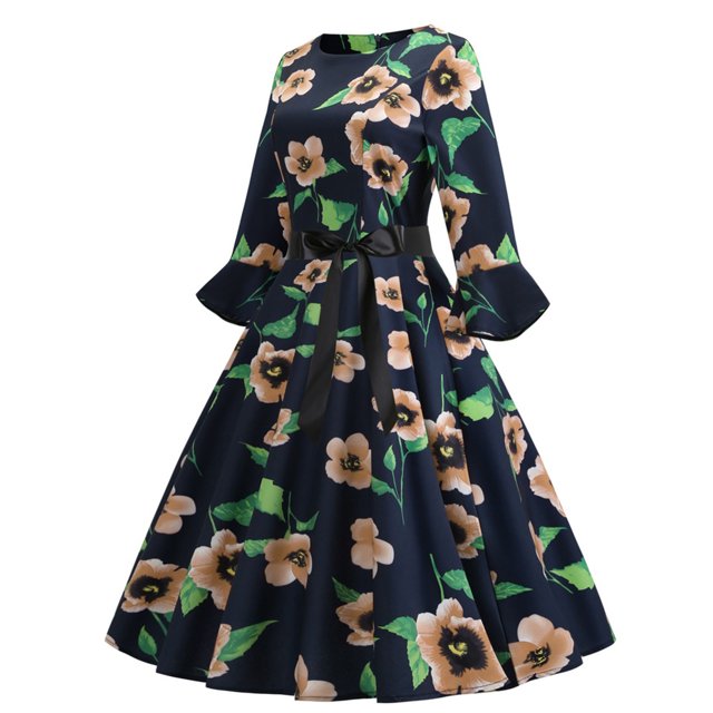 Pompotops Ladies O-Neck Sleeve Long Sleeve Flower Print Big Swing Lace Dress