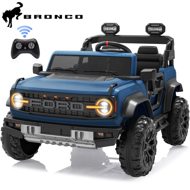24V 2 Seater Ride on Cars for Big Kids, Licensed Ford Bronco Raptor Powered Ride on Toy Truck in blue with LED lights, spring suspension, Bluetooth music player, and durable antiskid wheels. Includes a remote control for parental operation and a spacious 21-inch seat for two children aged 3-8. This electric car for kids offers smooth rides on various terrains with a maximum weight capacity of 132 lbs, making it a versatile powered ride-on toy.