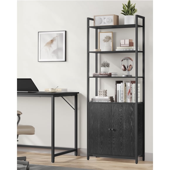 Tall Bookshelf with Door, 6-Tier Bookcase, Metal Frame, Adjustable Shelves, 24 x 60 x 159.5 cm, Living Room Bedroom, Black
