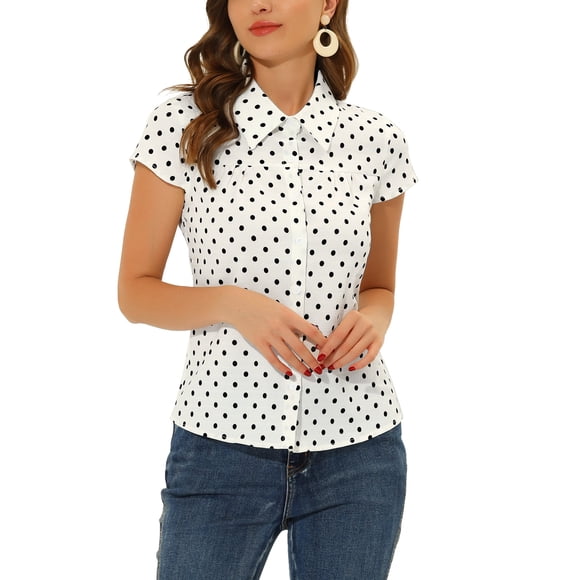 INSPIRE CHIC Women's Vintage Short Sleeve Polka Dots Top Shirt White XL