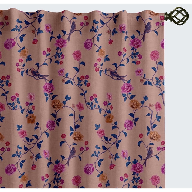 Vargottam 84 Inch Rod Pocket/Back Tab Cotton Curtains for Windows and Doors- Light Filtering Cotton- Light Filtering Drapes For Doors- Set of 2 Panels, 52"x84"- Rose Vine And Bird Print (Pink)