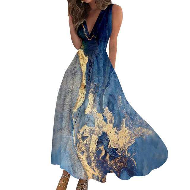 TJAZFJPA Robe d'Automne Femme Mode Printemps et Été Imprimée Sans Manches Col en V Fermeture Éclair Latérale Robe de Plage Grande Taille Robe Noire