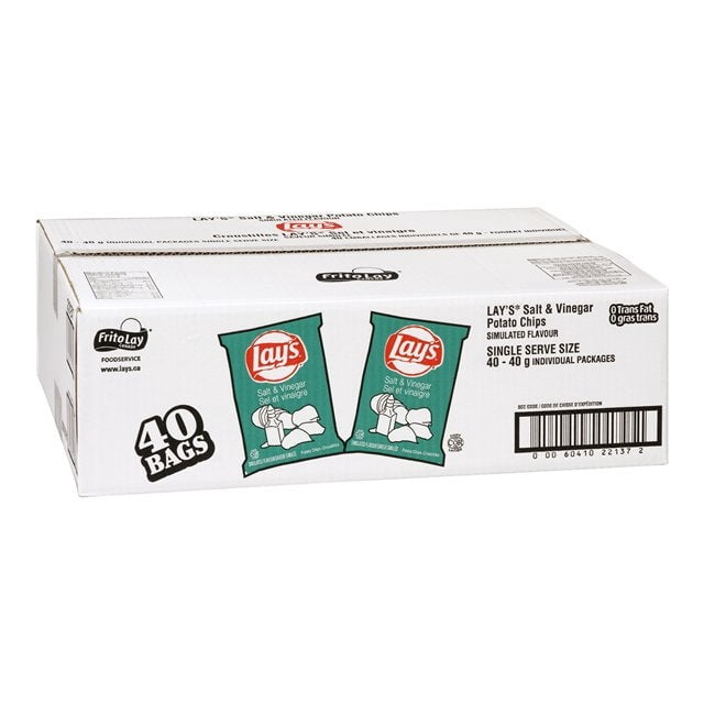 Lay's Salt & Vinegar Potato Chips | 40G/Unit, 40 Units/Case front-facing single-serving 40G bag with salt-and-vinegar label; contains specially selected potatoes, vegetable oil and seasoning, case weight 1.6 kgs and box dimensions 7.75 x 16 x 24 inches. Often used as convenient lunch or party snacks.