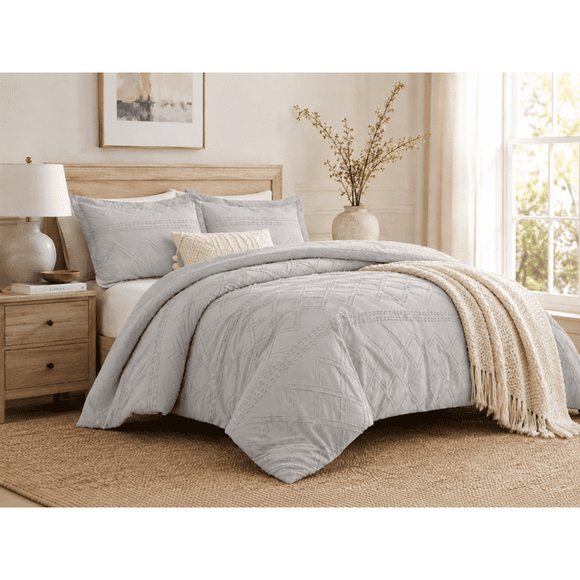 Ensemble de housse de couette à texture douce à motif losange Swift Home, literie toutes saisons avec fermeture éclair, avec taies d’oreiller, grand lit/double, gris clair
