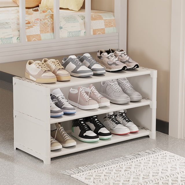 Amzcrzy Pla Stic Shoe Cabinet Shoe Rack Simples Multi Layer Dusts Proof Shoe Cabinet with three tiers, organizing shoes in a compact, space-saving design. Made of durable plastic with a white finish, it fits under tables or in entryways, ideal for dorm rooms, closet organization, or small spaces.