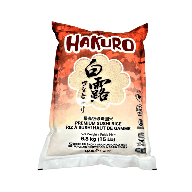 Hakuro Premium Sushi Rice 6.8 kg bag containing Koshihikari short grain japonica rice in red and white packaging with bilingual English and French text, certification logos, ideal for sushi and East Asian cuisine.