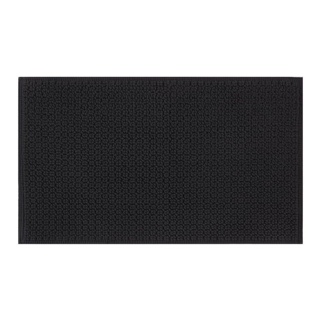 Better Homes & Gardens Signature Soft Looped Bath Mat in Grey Shadow, 20 by 34 inches, featuring a soft, absorbent 100% cotton looped texture, designed as a bath rug for bathroom use, machine washable and suitable for use with a rug pad on wooden floors.