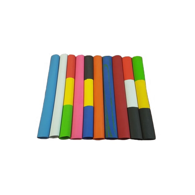 Graddige Diamond Cricket Bat Grip set with ten rubber grips in solid and two-tone colors including blue, white, green, pink, black, orange, red, and yellow bands, arranged side by side on a white background, designed to enhance control on cricket and baseball bats and suitable for improving grip on other sports equipment handles.