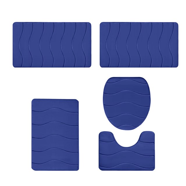 zanvin Memory Foam Bath Mat 5 Set Bathroom Rugs, featuring five pieces in a dark blue color. Includes a toilet mat, two bath mats, a square bath floor mat, and a toilet cover. Made of velvet fleece with memory foam and a non-slip rubber backing. Designed for water absorption, comfort, and easy machine washing. Suitable for modern bathroom decor and gifting occasions.