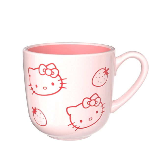 Hello Kitty Tasse en Céramique 15 Oz avec Extérieur et Intérieur Rose Pâle, Présentant des Visages Hello Kitty Rouges et des illustrations de Fraises, Convient au Café, au Thé Ou aux Boissons Chaudes, Va au Lave-Vaisselle et au Micro-Ondes, Sans BPA.