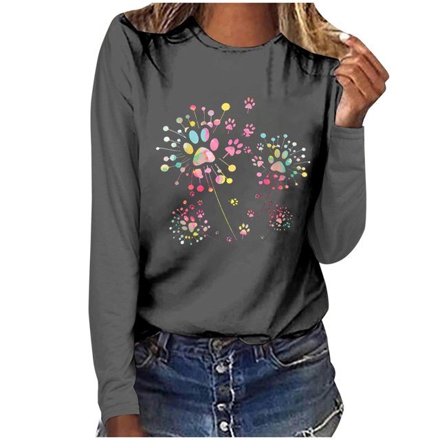 Pisexur Hauts d'Automne pour Femmes Mode Mignon T-Shirt Imprimé Graphique Hauts Col Rond Manches Longues Chemises pour Femmes Habillées Décontractées Sorties Hauts Confort Polyvalents Légers T-Shirts