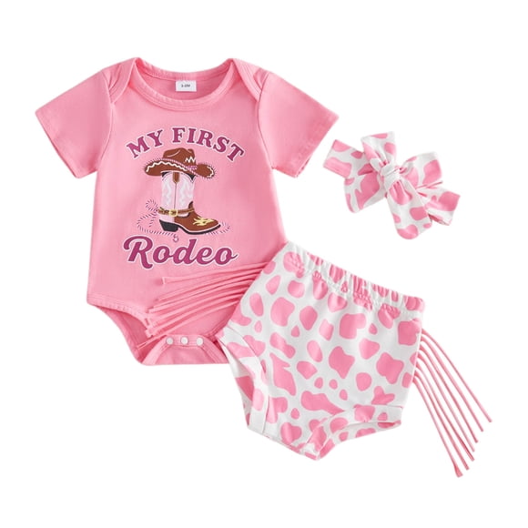 vigerkar Western Baby Girl Clothes Cowgirl My 1st Rodeo Ruffle Romper Shirt Cow Print Bloomer Shorts 3Pcs Coming Home Outfit (Red, 12-18M)