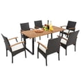 thumbnail image 2 of Costway 7 PCS Patio Rattan Dining Set Acacia Wood Table 6 Wicker Chairs with Umbrella Hole, 2 of 10