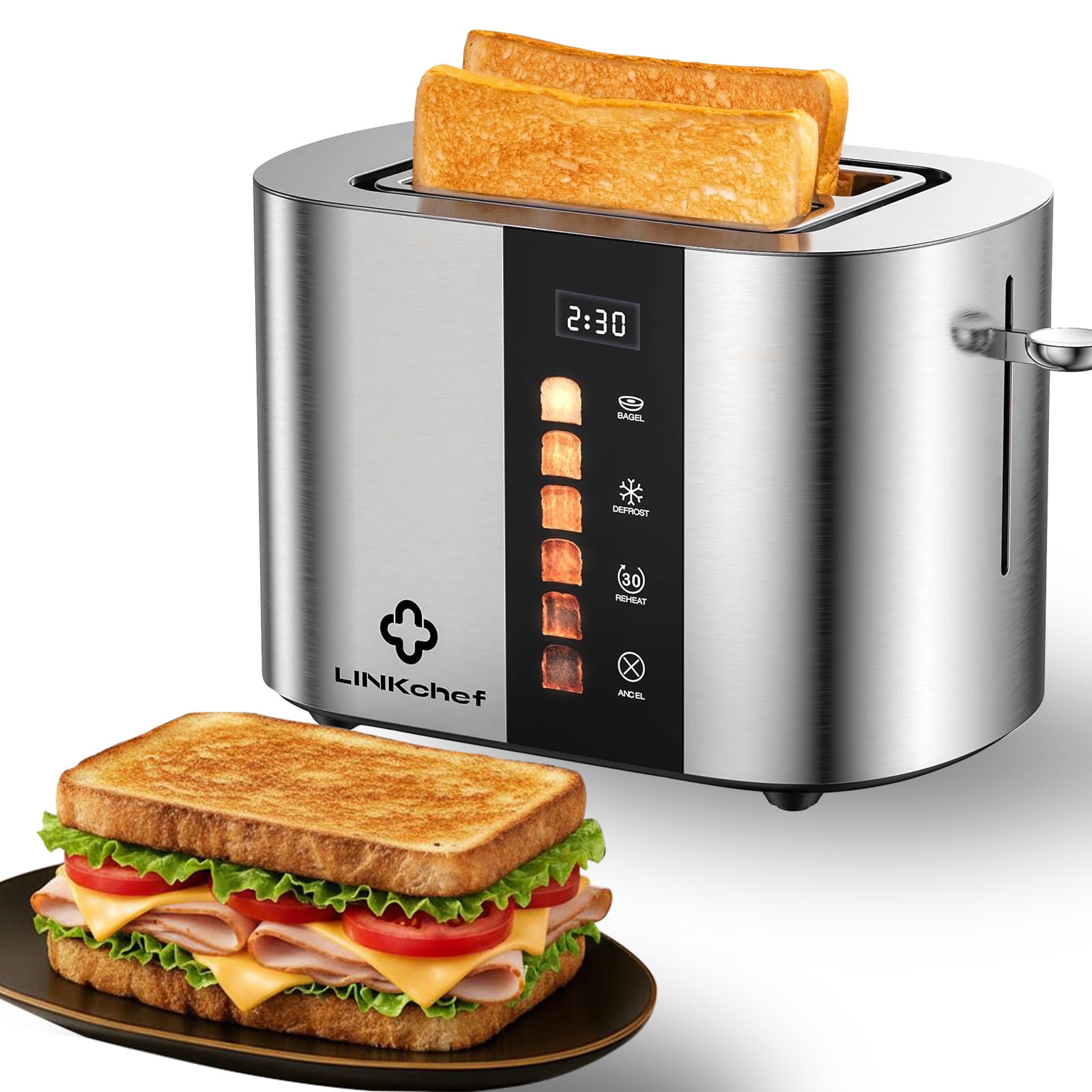 LINKChef 2-Slice Toaster – Touch Screen Control, Extra-Wide 1.5" Slots, Stainless Steel | Smart Toaster with Timer, Defrost & Reheat Functions