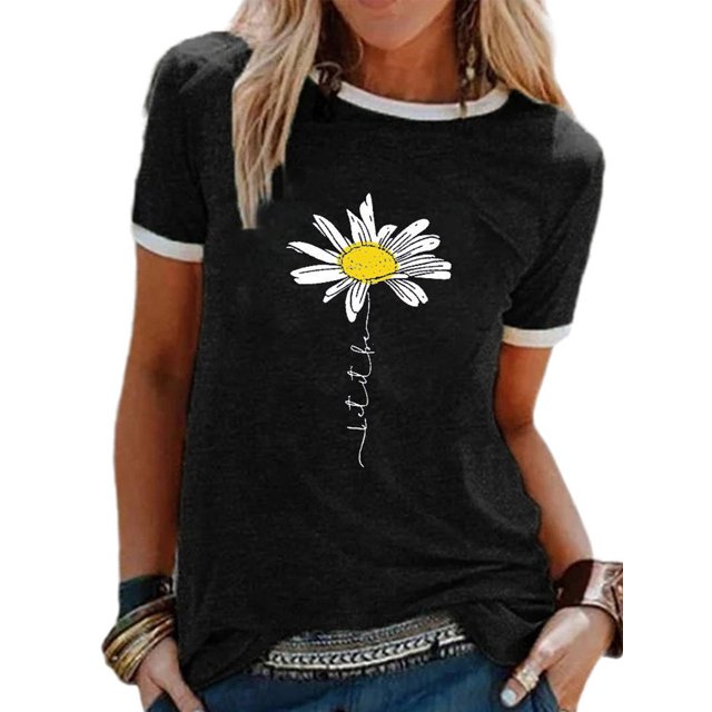 LUXUR Ladies Tops Short Sleeve T Shirt Letters Design Tee Stitched Tunic Blouse Daisy Print Pullover Black L