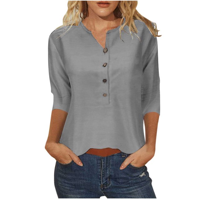 Polyester Cotton Tops Woman 3/4 Length Sleeve Henley Tee Shirts Button Loose Casual Summer Spring Clothes (Small, Gray)