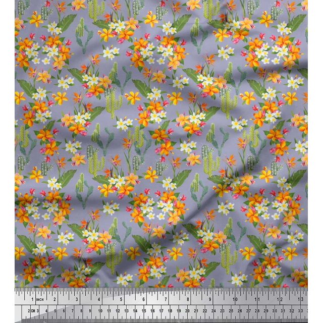 Soimoi Rayon Fabric Cactus,Leaves & Tropical Flower Floral Decor Fabric Printed Yard 42 Inch Wide