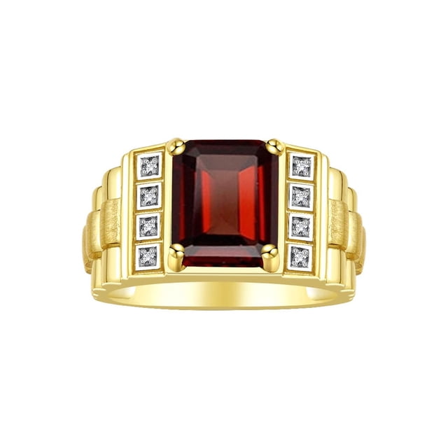 RYLOS Men's Rings 14K Yellow Gold Designer Style 10X8MM Emerald Cut Shape Gemstone & Diamonds Garnet January Birthstone Rings For Men Size 10