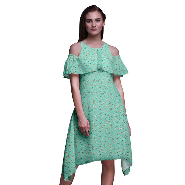 Bimba Tunique à Épaules Dénudées Imprimée Florale Verte pour Femmes Robe de Soirée Col Rond - Petite