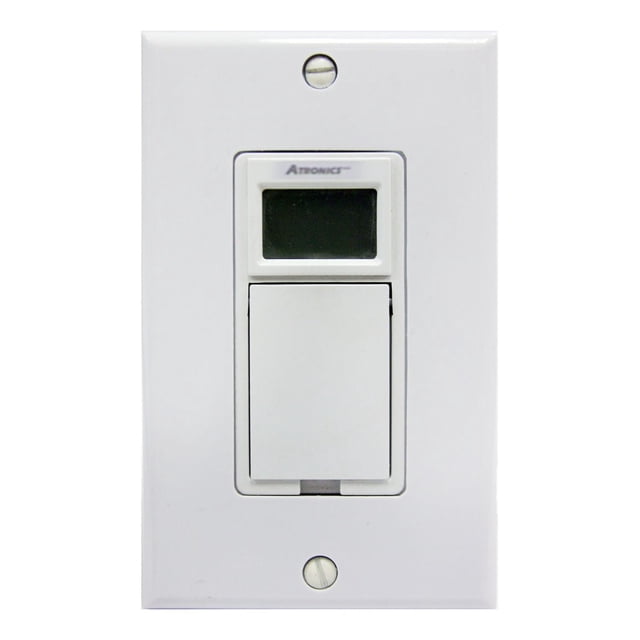 Atron Electro Industries Minuterie Murale Numérique Entièrement programmable avec une Plaque avant Rectangulaire Blanche, avec un Petit Affichage Numérique au-Dessus d'Un Grand Interrupteur à Bascule, Conçue pour un Contrôle Électrique Intérieur à un Seul Poteau avec des Fonctions de Programmation Hebdomadaires et d'Économie d'Énergie.