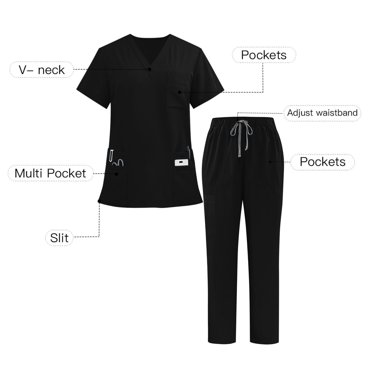Amzcrzy Scrubs for Men and Women Short Sleeve V Neck Tops and Drawstring Joggers Scrub Set Casual Solid Color Two Piece Sets for Women Workwear L