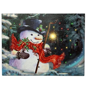 BANBERRY DESIGNS Light Up Snowman Canvas Print LED Lighted Christmas Wall Hanging Snowman with a Black Top Hat and a Red Scarf Holding a Lantern - Winter Holiday Scene Wall Art