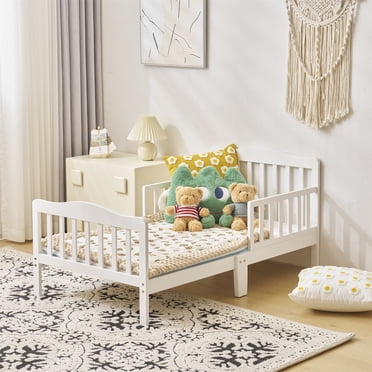 Ktaxon Baby Toddler Bed Solid Wood Bedroom Furniture with Safety Rails White