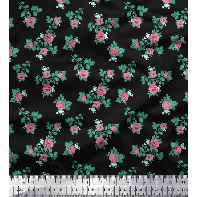 Soimoi Tissu Popeline de Coton Imprimé Feuilles & Roses au Mètre 42 Pouces de Large