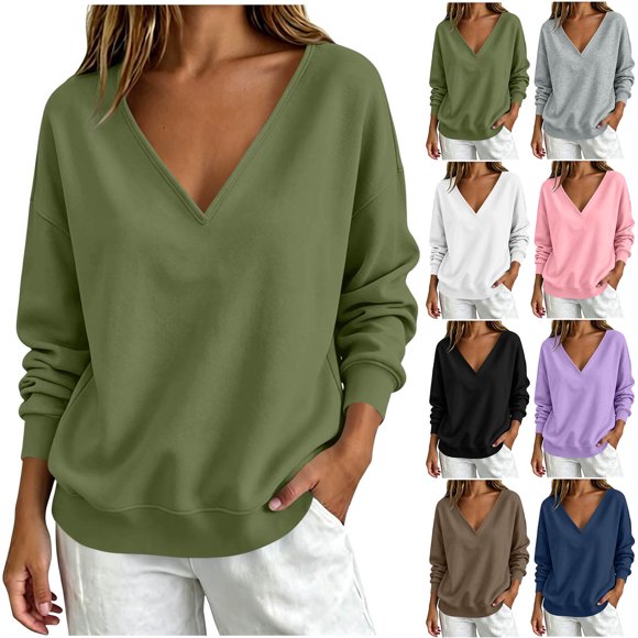Neewe Hauts pour Femmes Chandail Uni à Col en V pour Femmes Chandail à Enfiler Chandails à Manches Longues Tenues d'Automne 2026 Coupe Ample P-2TG