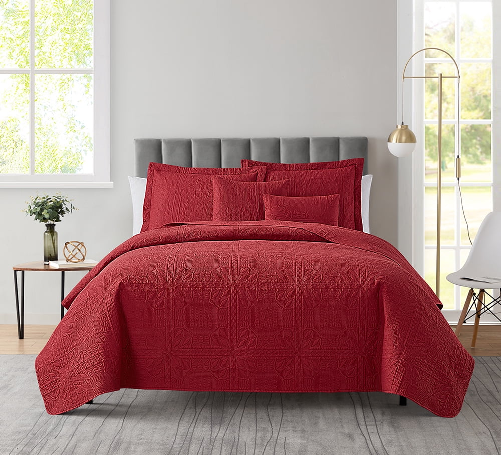 Clara Clark Home Quilt Set Bedspread - Ultra Soft Microfiber Embossed Grid Weave Pinsonic Lightweight - Quilted Comforter 5 Piece Bedding Set - 2 Pillow Shams, 2 Euro Shams - Twin, Burgundy