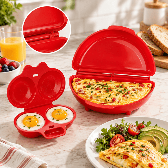 2-Piece Microwave Breakfast Egg Maker, Double Poaching Pan and Egg Boiling Tool with Hinged Lid, Nonstick Cooking Set for Kitchen, Red